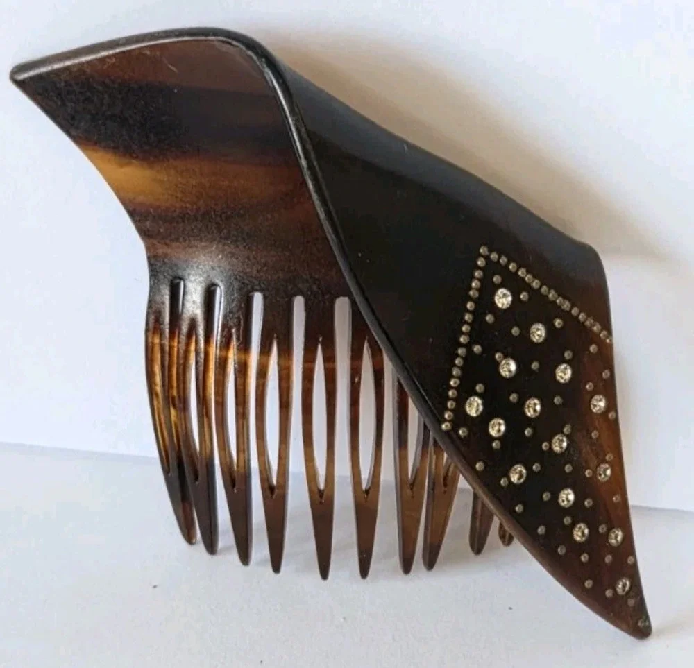 Vintage Unique Faux Tortoiseshell Hair Comb Rhinestone Art Deco Gold Tone Inlay